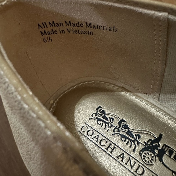 Coach and Four Wedge Gold Peep Toe Shoe Cork Bottom Size 6.5 Gorgeous Condition - Picture 2 of 5